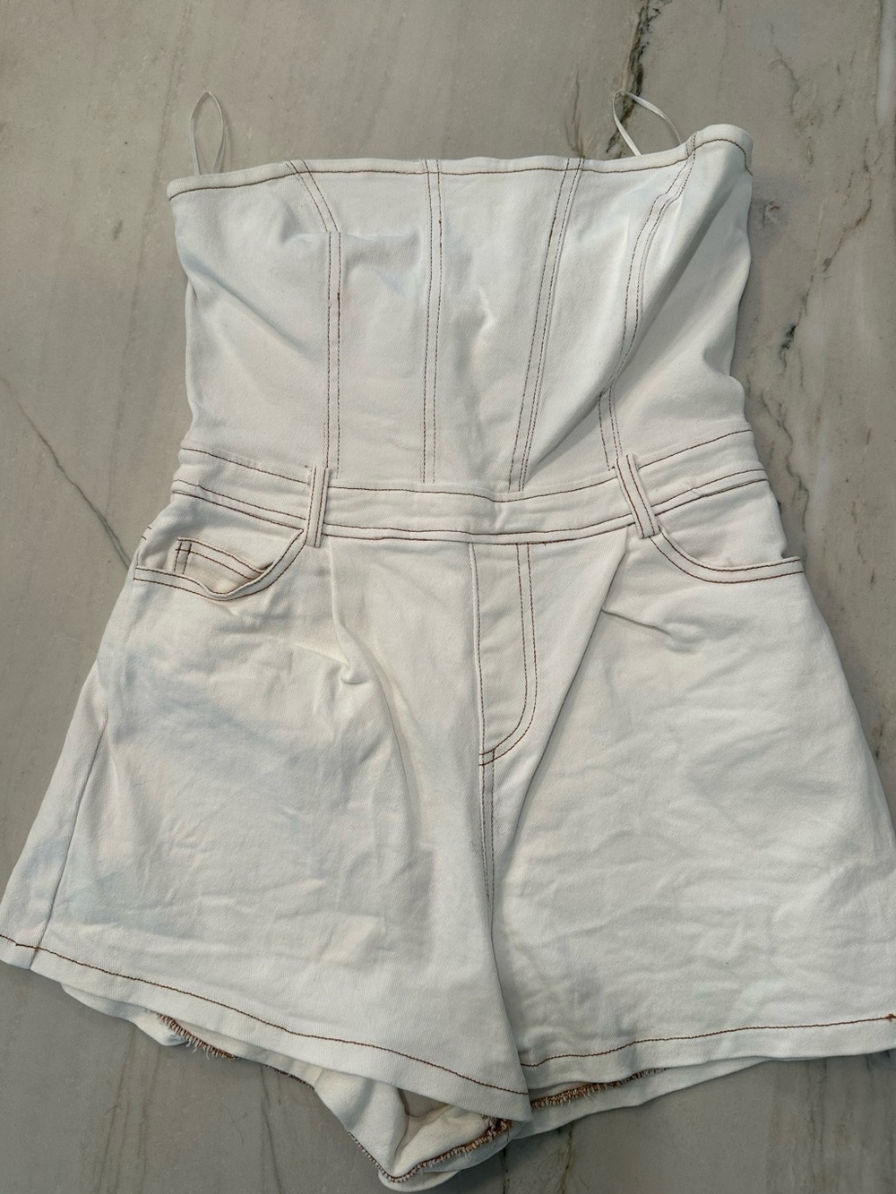 Le Lis White Denim Strapless Romper with Brown Contrast Stitching